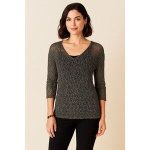 EILEEN FISHER Sweater Metallic Italian Yarn V-Neck Pullover Black Gold Holiday L